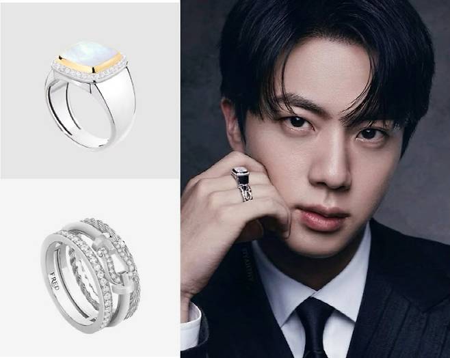 BTS 진과 프레드 반지 제품들. (사진=아리랑 앨범 재킷·브랜드 홈페이지 캡처)