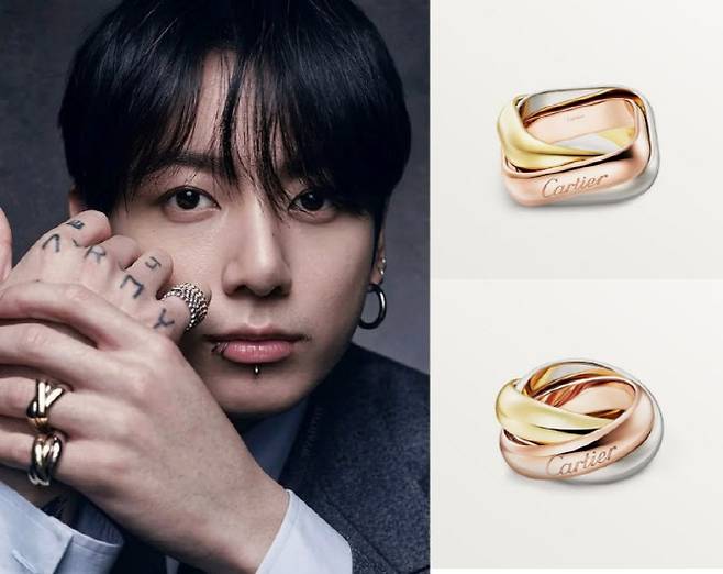 BTS 정국과 까르띠에 반지 제품들. (사진=아리랑 앨범 재킷·까르띠에 홈페이지 캡처)