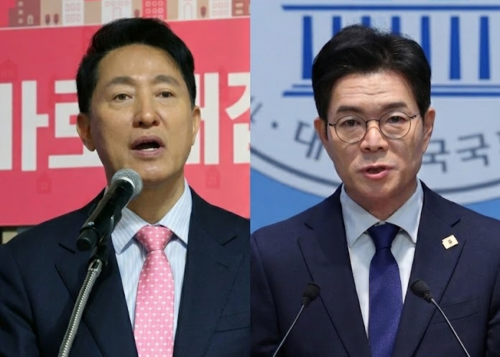 오세훈 서울시장이 지난달 31일 무주택 시민 주거 안정 종합대책을 발표하고 있다. <서울시 제공> 6.3 지방선거 더불어민주당 서울시장 후보로 선출된 정원오 전 성동구청장이 10일 서울 여의도 국회 소통관에서 기자회견을 하고 있다. <뉴스1>