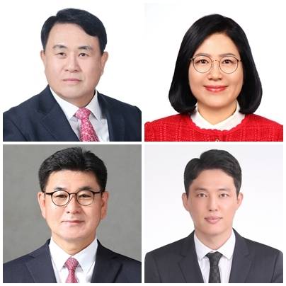 첫째줄 우측 김복남 국민의힘 공천확정 군의원 다선거구, 좌측 장문봉 국민의힘 공천확정 군의원 가선거구. 두번째줄 우측 황현철 국민의힘 공천확정 군의원 다선거구, 좌측 전석재 국민의힘 공천확정 군의원 나선거구