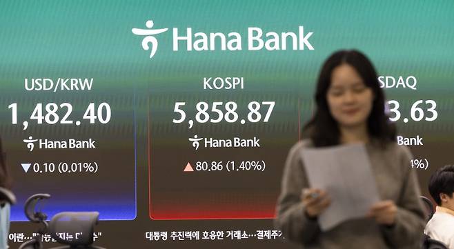 지난 10일 오후 서울 중구 하나은행 본점 딜링룸 모니터에 지수가 나오고 있다. /사진=뉴시스
