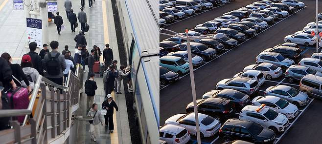 서울 용산구 서울역 승강장에서 승객들이 KTX에 탑승하고 있다. 오른쪽은 주차장에 빼곡히 주차된 차량 모습. 뉴시스, 클립아트코리아