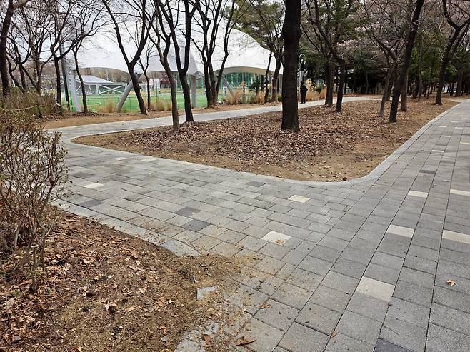 ▲ 인천 부평 신트리공원 갈림길에 시각장애인을 위한 점자 유도 블록이 설치되지 않았다. /곽안나 기자 lucete237@incheonilbo.com