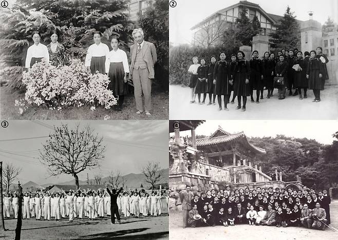 ①1934년 교복을 입은 경북여고 학생들과 초대 교장(오른쪽)이 함께 사진을 찍고 있다. ②1940년 학생들이 교문 앞에 모여 있는 모습. ③1958년 체육복을 입은 학생들과 교사가 체육수업에 참여하고 있다. ④1953년 수학여행을 떠난 학생들이 경주 불국사 앞에서 찍은 단체사진. <경북여고 제공>