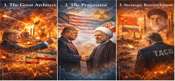 도널드 트럼프 미국 대통령의 세가지 리더십 시나리오에 대한 상상도. 김태준 한반도안보문제연구소장 AI 그림