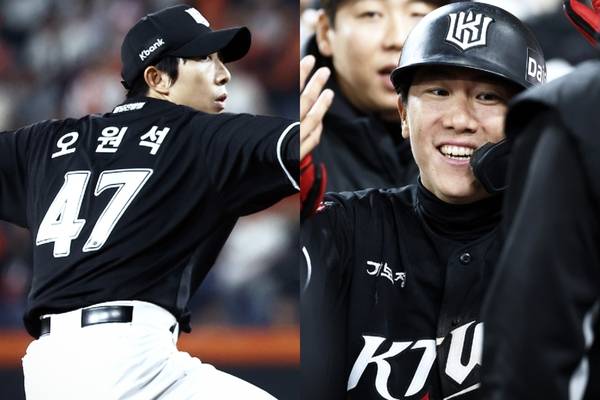 선발 역할을 충실히 수행한 오윤석(왼쪽)과 허경민의 공백을 훌륭히 채워주고 있는 오윤석. 2026.4.2 /kt wiz 제공