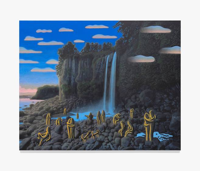 이우성, 새벽녘 폭포 아래서, 2025-2026, 캔버스에 아크릴릭, 아크릴릭 과슈, 130.5 × 162.5 cm