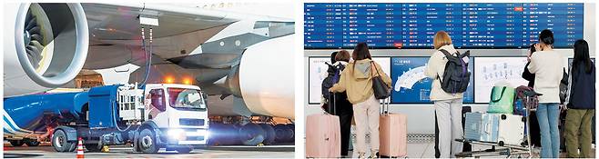 미국·이란 전쟁 여파로 항공유 대란 가능성도 점쳐지는 가운데 한 항공기가 급유차를 통해 연료를 공급받고 있다. 오른쪽 사진은 여행객들이 인천국제공항에서 출국안내판을 보고 있는 모습. 게티이미지뱅크·뉴시스