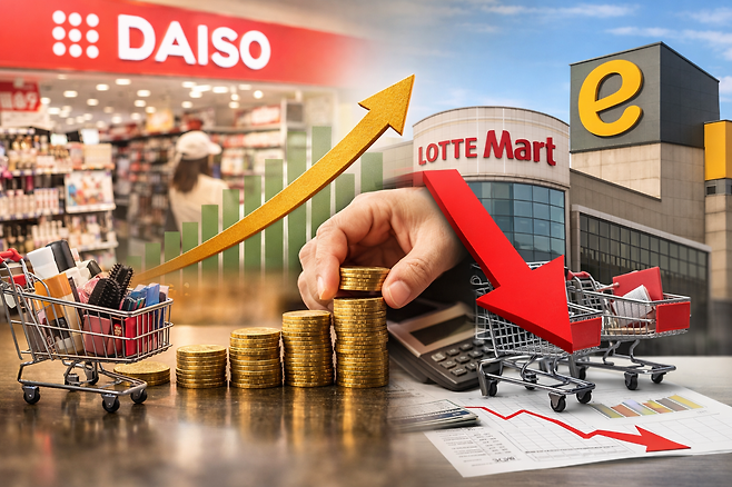 국내 유통업계 매출 기준으로 롯데마트를 넘어선 아성다이소는 이마트, 홈플러스에 이어 3위에 올랐다. 1997년 초저가 생활용품 매장으로 출발한 다이소는 28년 만에 대형마트를 앞지르며 새로운 유통 강자로 자리매김했다. /챗GPT