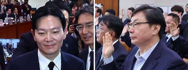 쌍방울 대북 송금 의혹을 수사한 박상용 검사가 14일 국회에서 열린 국정조사 청문회에서 증인 선서를 거부하다 퇴장당하고 있다(왼쪽 사진). 검찰이 ‘연어 술파티’ 등으로 회유했다고 주장하고 있는 이화영 전 경기도 평화부지사가 이날 청문회에서 증인 선서를 하는 모습. 뉴시스·뉴스1