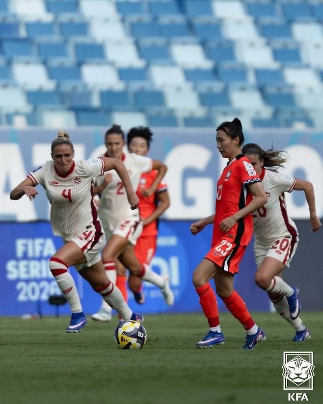 신상우 감독이 이끄는 여자축구대표팀이 15일 브라질 쿠이아바의 아레나 펜타날에서 열린 2026 국제축구연맹(FIFA) 시리즈 캐나다와 2차전에서 공을 다투고 있다. 대한축구협회 제공