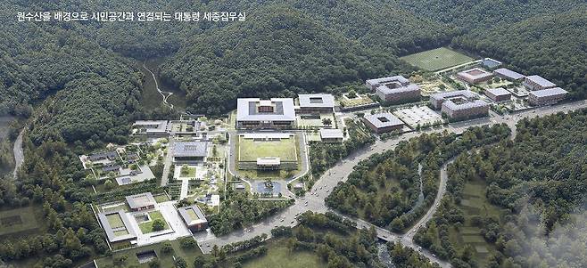 2차 심사 진출 두번째 작품 '채와 마당으로 구현한 국가상징공간' 이미지. 지형과 주변 맥락을 고려하여 건물이 위치해야 할 세 가지 방향을 설정하여 배치하고, 단청의 주색인 주단색과 녹청색을 활용하고 전통창호를 기하학적으로 재해석한 이중외피 구조를 적용하고 있다. 행복청 제공