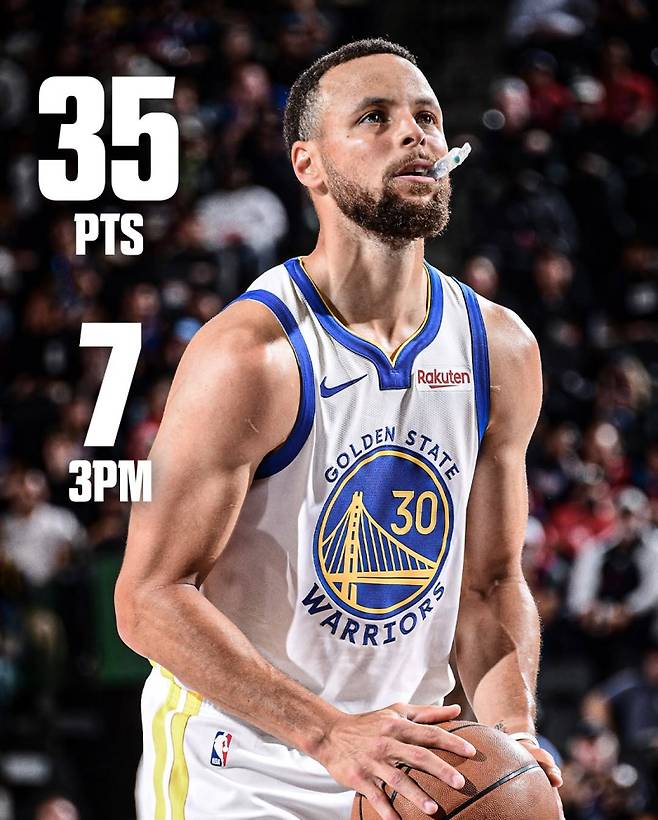 골든스테이트 커리가 16일 인튜이트 돔에서 열린 LAC와의 2025~26 NBA 서부콘퍼런스 플레이-인 토너먼트 경기서 3점슛 7개 포함 35점을 몰아치며 팀의 승리에 기여했다. 사진=ESPN