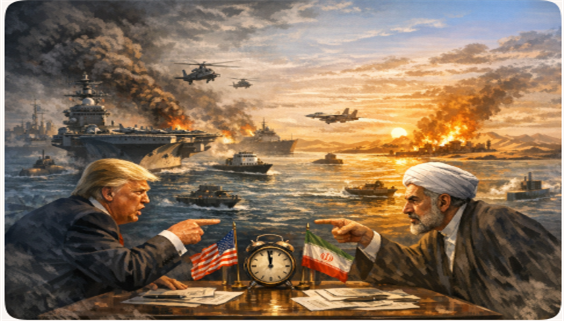 휴전기간 중 도널드 트럼프 미국 대통령과 이란 최고지도자 모즈타바 하메네이 간 서로 팽팽한 기싸움을 벌이고 있는 상황에 대한 상상도. 김태준 한반도안보문제연구소장 AI 그림