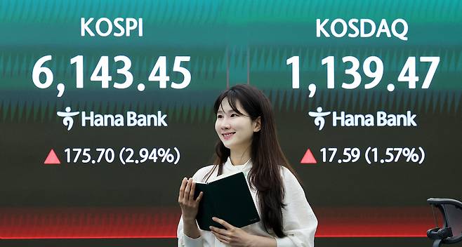 코스피가 6100선을 탈환한 15일 서울 중구 하나은행 딜링룸 현황판에 개장 시황이 나타나고 있다. 뉴스1