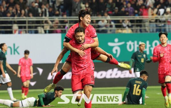 대한민국 축구 국가대표 조규성이 국가대표팀 평가전에서 추가골을 넣은 뒤 기뻐하고 있다. /사진=뉴시스
