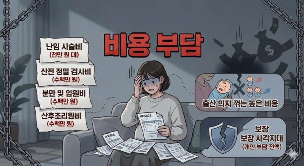 합계출산율 0.9명대의 저출산 기조 속에 공적 지원을 제외하고도 출산에 약 800만원의 비용이 발생하는 경제적 부담이 커지자 이를 보완하는 민간 보험사의 출산 지원 보장이 관심을 끈다. /구글 나노바나나2로 생성
