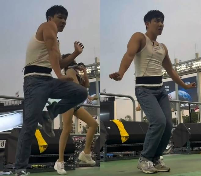 ▲ 이준의 열정적인 퍼포먼스에 딘딘이 존경을 표했다. 출처|'워크맨' 공식 SNS