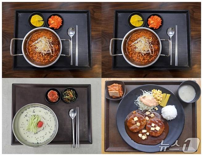 한국도로공사 충북본부 관할 고속도로 휴게소에서 선보이는 메뉴. 괴산매운고추라면(위), 서리태콩국수(아래 왼쪽), 사과함박스테이크(아래 오른쪽)9한국도로공사 충북본부 제공. 재판매 및 DB금지)
