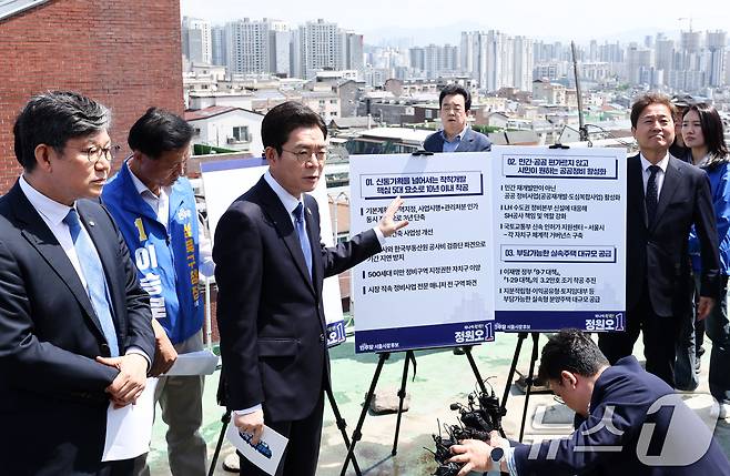 정원오 더불어민주당 서울시장 후보가 29일 오전 서울 성북구 장위14 주택 재개발 구역을 찾아 부동산 공약을 발표하고 있다. 2026.4.29 ⓒ 뉴스1 최지환 기자