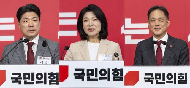 이용 전 의원(왼쪽)과 이진숙 전 방송통신위원장(가운데), 김태규 전 방송통신위원회 부위원장이 1일 서울 여의도 국민의힘 중앙당사에서 6·3 재보선 대구 달성군 선거구 공천 면접을 마친 뒤 취재진 질문에 답하고 있다. 연합뉴스