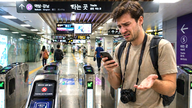 지하철역에서 교통카드 결제에 어려움을 겪고 있는 외국인 관광객 / 사진= 챗GPT 생성 이미지