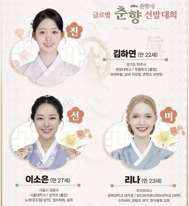 미스 춘향 진 김하연, 선 이소은, 미 리나. 미스춘향선발대회 공식홈페이지 캡처