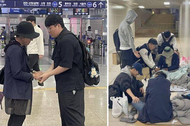 같은 날 사역팀 최명철(오른쪽)씨가 용산역 안에서 노숙인과 기도하는 장면, 오른쪽 사진은 사역팀 청년들이 지난해 10월 인근 굴다리에 상주하는 노숙인들을 찾아가 교제하는 모습. 사역팀 제공