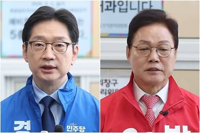 (왼쪽부터) 김경수 더불어민주당 경남지사 후보, 박완수 국민의힘 후보. 연합뉴스