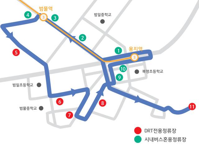 대구 수성구 범물동 일대 DRT 노선도. 8번 수성하늘채리레브와 11번 진밭골야영장 2곳 3개 지점에 횡단보도가 신설될 예정이다. 대구교통공사 홈페이지