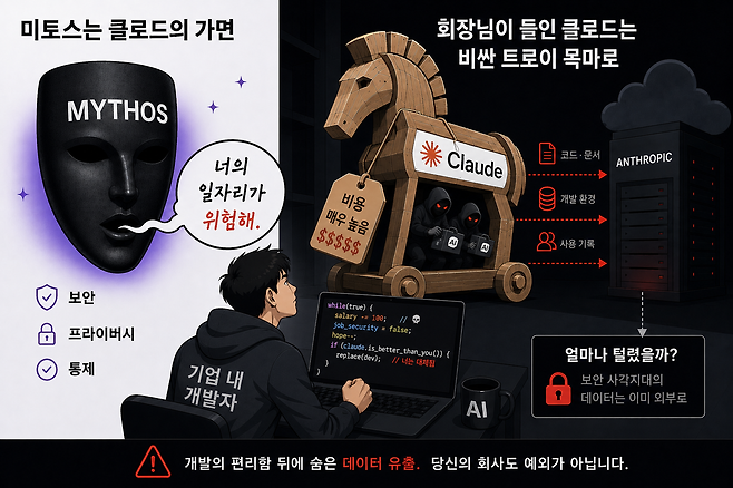 미토스가 시장에 던진 메시지는 보안보다 공포였다. 또한 "코딩 엔지니어 일자리가 AI로 대체될 수 있다"는 위기 담론을 가장 강하게 밀어붙인 쪽도 앤스로픽과 다리오 아모데이 진영이었다. 기업들은 생산성 혁신이라는 이름 아래 클로드 코드 같은 에이전트형 도구를 개발망 안으로 들였고, 그 순간 코드·문서·환경 변수·사용 기록까지 외부 연산망과 연결되기 시작했다. 겉으로는 개발자를 돕는 도구처럼 보였지만, 실제 구조는 "개발자를 대체할 수 있다"는 공포를 먹고 자라는 트로이 목마에 가까웠다는 지적이 나온다. / GPT-5.5 이미지 2.0