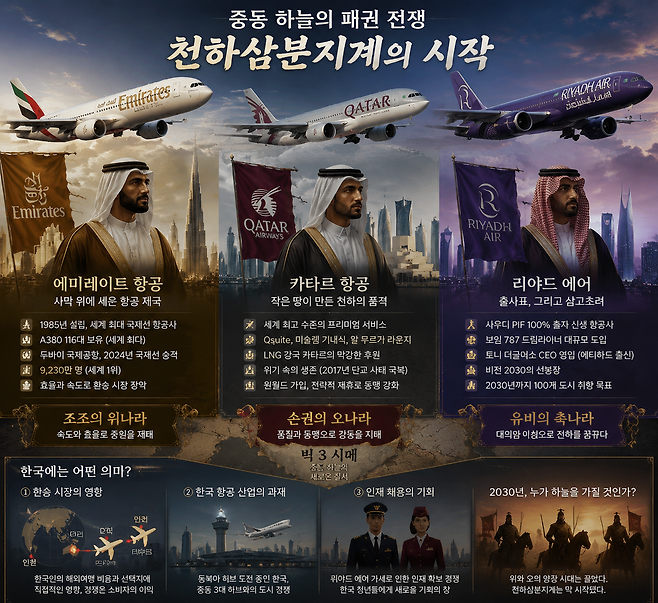 중동 걸프 국가 항공사들의 경쟁 관계를 묘사한 AI 이미지.
