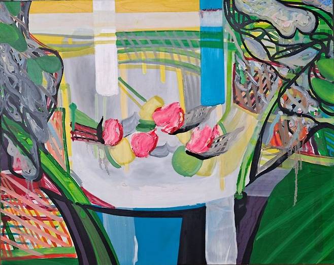 권순왕, 바람에 꽃잎이 흔들릴때, 2025, oil on canvas, 72.5×60.2cm. 아트큐브2R2