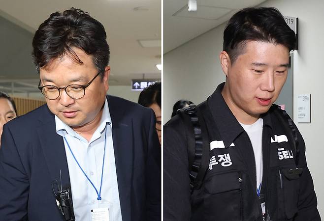 삼성전자 노사, 사후조정 결렬 (세종=연합뉴스) 김주성 기자 = 삼성전자 대표교섭위원인 김형로 부사장(왼쪽 사진)과 최승호 초기업노조 삼성전자지부 위원장(오른쪽 사진)이 13일 새벽 세종시 정부세종청사 중앙노동위원회에서 2026년 임금협약 체결을 위한 2차 사후조정이 결렬된 후 협상장을 각각 떠나고 있다. 2026.5.13 utzza@yna.co.kr (끝)