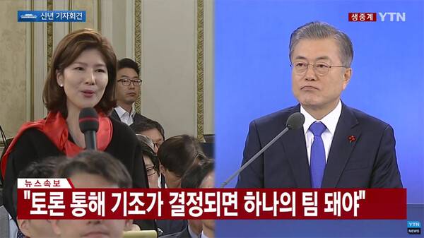 ▲김예령 전 경기방송 기자(국민의힘 전 대변인)가 2019년 1월10일 문재인 대통령 신년 기자회견에서 근거없는 자신감이 어디서 나오는 거냐고 질문하고 있다. 사진=YTN 영상 갈무리