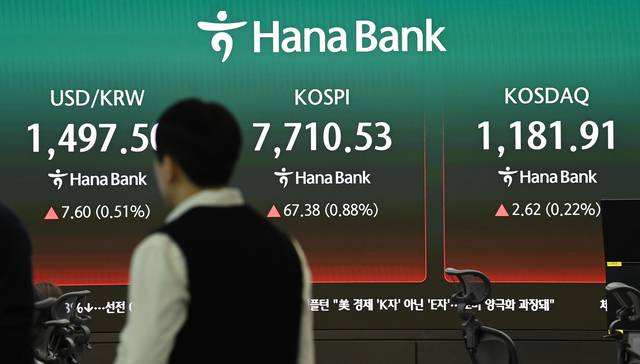 13일 오전 서울 중구 하나은행 본점 딜링룸에서 한 직원이 현황판을 배경으로 업무를 보고 있다. 이날 코스피는 전 거래일보다 129.50포인트(1.69%) 내린 7513.65로 하락 출발했지만, 이후 반등하며 혼조세를 보이고 있다. 김동훈 기자