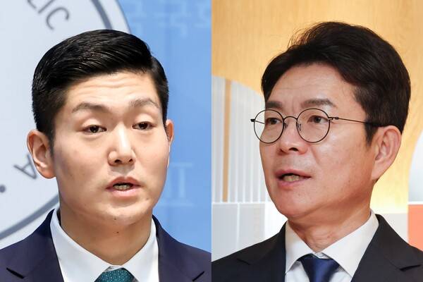 국민의힘 김재섭 의원이 13일 국회 소통관에서 기자회견을 열고 더불어민주당 정원오 서울시장 후보의 폭행 전과와 관련한 내용을 밝히고 있다(왼쪽). 더불어민주당 정원오 서울시장 후보가 14일 서울 중구 투썸플레이스 정동길점에서 열린 소상공인들과의 간담회에서 발언하고 있다. 연합뉴스