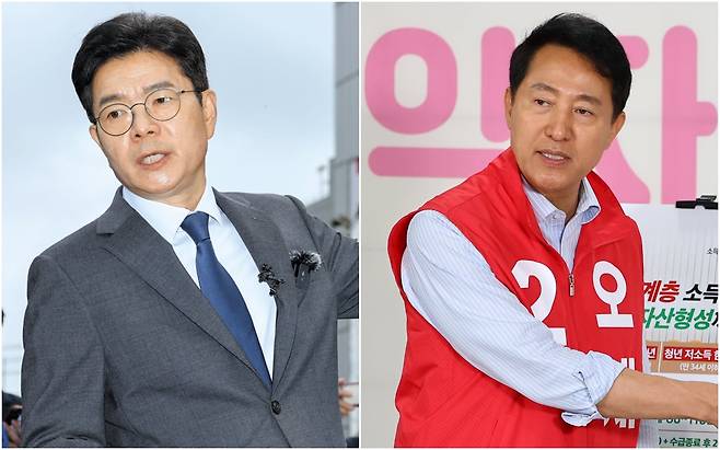 정원오 더불어민주당 서울시장 후보와 오세훈 국민의힘 서울시장 후보가 지난 12일 각각 공약을 발표하고 있다. /뉴시스·연합뉴스