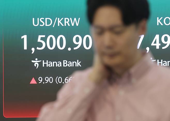 원·달러 환율이 6거래일째 상승세를 이어가며 한달 여 만에 1500원대로 마감한 15일 서울 중구 하나은행 딜링룸에서 직원이 업무를 보고 있다. 연합뉴스
