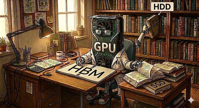 추론형 인공지능(AI)의 데이터 처리 과정은 GPU(그래픽처리장치)라는 연구자가 책상 위 메모장, 보조 책상 위 참고 자료, 책장 속 책을 오가며 작업을 이어가는 모습에 비유할 수 있다. 제미나이 생성 이미지