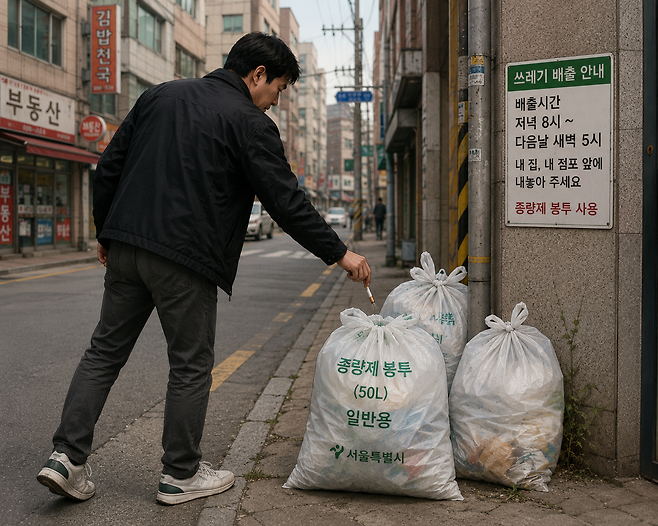 길가에 놓인 종량제봉투에 한 남성이 담배꽁초를 버리고 있다. 바닥에 무단투기하지 않고 종량제봉투에 넣는 행동을 ‘괜찮은 처리’ 정도로 여기는 경우가 많지만, 해외에서는 무단 폐기로 간주돼 고액 과태료가 부과된 사례도 나왔다. 해당 이미지는 기사 이해를 돕기 위한 인공지능(AI) 챗GPT 생성 이미지.
