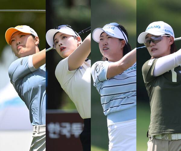 2026년 한국여자프로골프(KLPGA) 투어 제18회 두산 매치플레이 4강에 진출한 방신실, 박결, 홍진영2, 최은우 프로가 8강전에서 경기하는 모습이다. 사진제공=KLPGA (사진을 무단으로 사용하지 마십시오.)