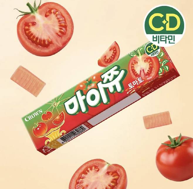 크라운제과의 '마이쮸 토마토'. 마이쮸가 채소를 활용한 라인업을 선보인 것은 2004년 출시 이후 20년 만에 처음이다.