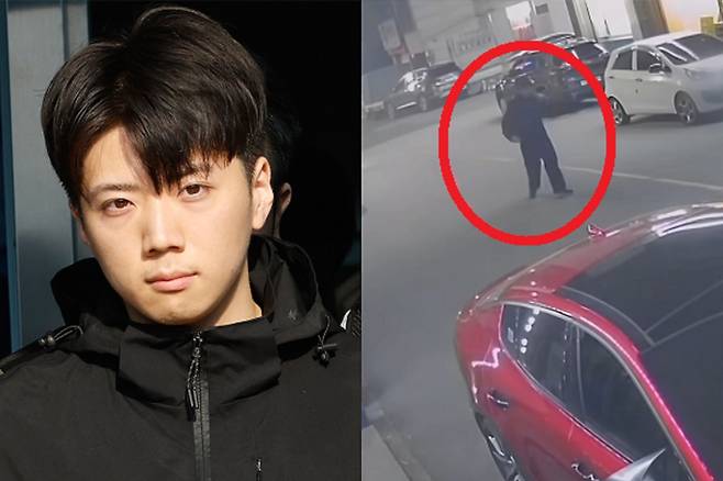광주 도심에서 일면식도 없는 10대 여고생을 살해한 장윤기가 지난 14일 오전 광주 서부경찰서에서 검찰로 송치되고 있다. 오른쪽은 지난 5일 광주 광산구 한 거리에서 흉기를 소지한 장윤기가 여고생을 뒤따라 가는 모습. 뉴스1·MBN 보도화면 캡처
