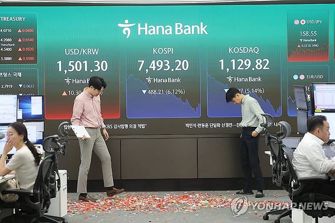 세리머니 흔적 그대로인데 (서울=연합뉴스) 박동주 기자 = 코스피가 장 초반 사상 처음 8,000선을 돌파한 뒤 급락 전환해 7,500선을 내준 15일 서울 중구 하나은행 딜링룸에서 직원이 8,000선 돌파기념 세리머니 흔적을 바라보고 있다. 2026.5.15 pdj6635@yna.co.kr