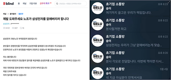 17일 직장인 익명 커뮤니티 블라인드에 삼성 초기업노조 집행부의 내부 텔레그램 대화방에서 나눈 메시지가 캡처된 채 공유됐다. /사진=블라인드 캡처