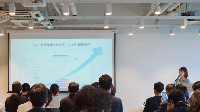 WAi는 와디즈 펀딩 데이터를 학습한 AI 에이전트 파트너로 소개됐다. 문 프로는 “WAi는 프로젝트 진행 상황을 실시간으로 파악하고, 메이커가 그날 확인해야 할 데이터나 실행해볼 만한 활동을 매일 제안한다”며 설명을 이어갔다. (사진=테크42)