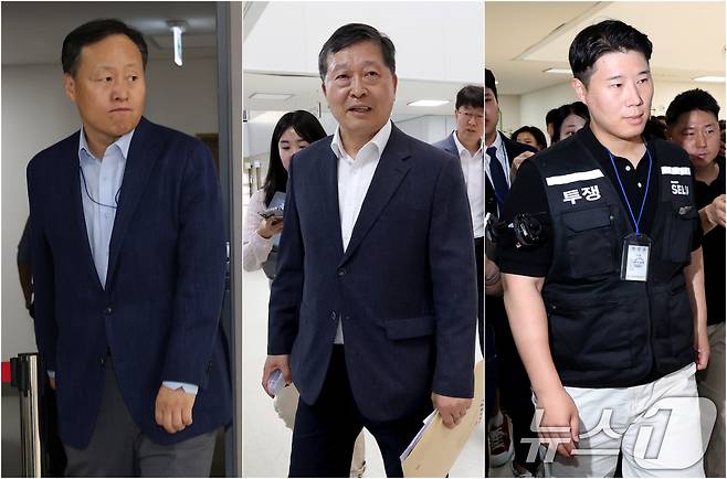 여명구 사측 대표교섭위원(반도체 부문 피플팀장, 왼쪽부터), 박수근 중앙노동위원회 위원장, 최승호 삼성전자 초기업노동조합 삼성전자지부 위원장이 18일 정부세종청사 중앙노동위원회에서 열린 2차 삼성전자 노사 사후조정 회의에 참석하고 있다. 2026.5.18 ⓒ 뉴스1 김기남 기자