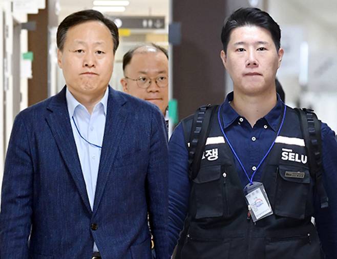 삼성전자 사측 대표교섭위원인 여명구 DS(반도체 부문) 피플팀장(왼쪽)과 최승호 삼성그룹 초기업노동조합 삼성전자지부 위원장이 총파업 예고 시한을 이틀 앞둔 19일 정부세종청사 중앙노동위원회에서 열린 2차 사후조정 최종회에 참석하고 있다./뉴스1