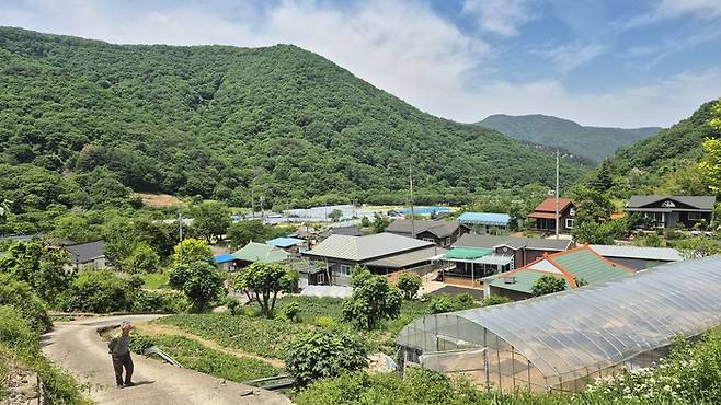 경주시 산내면 대현2리 시다마을 전경. 마을에서 만난 이영봉 어르신이 사진 찍기 좋은 곳이라며 길을 안내하고 있다. <장성재 기자>